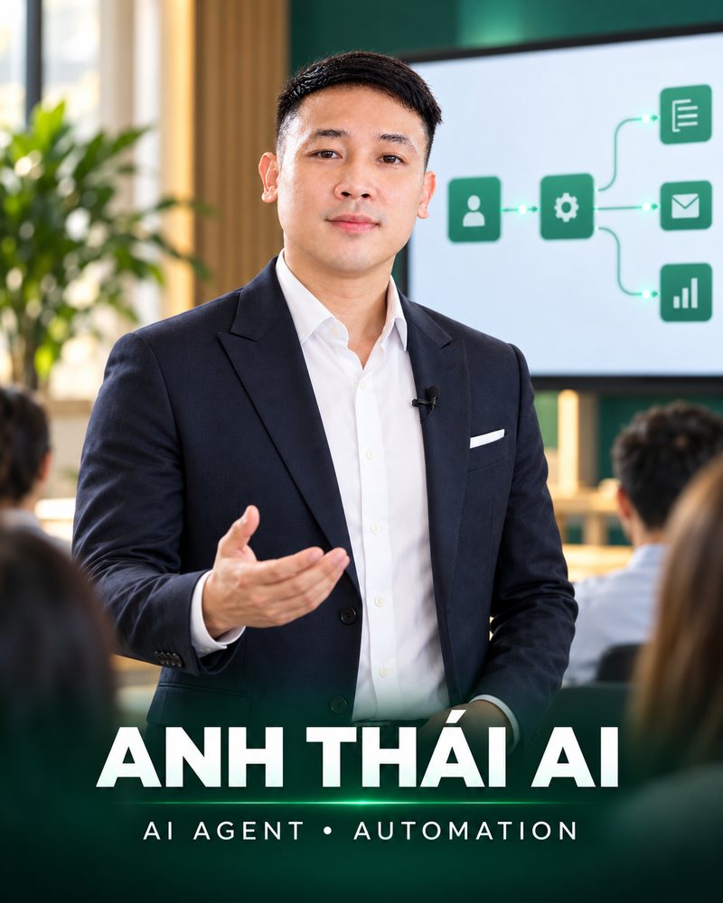 Anh Thái AI đứng lớp, sau lưng là sơ đồ quy trình tự động hóa