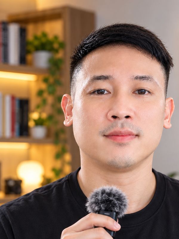 Anh Thái cầm micro trong phòng làm video